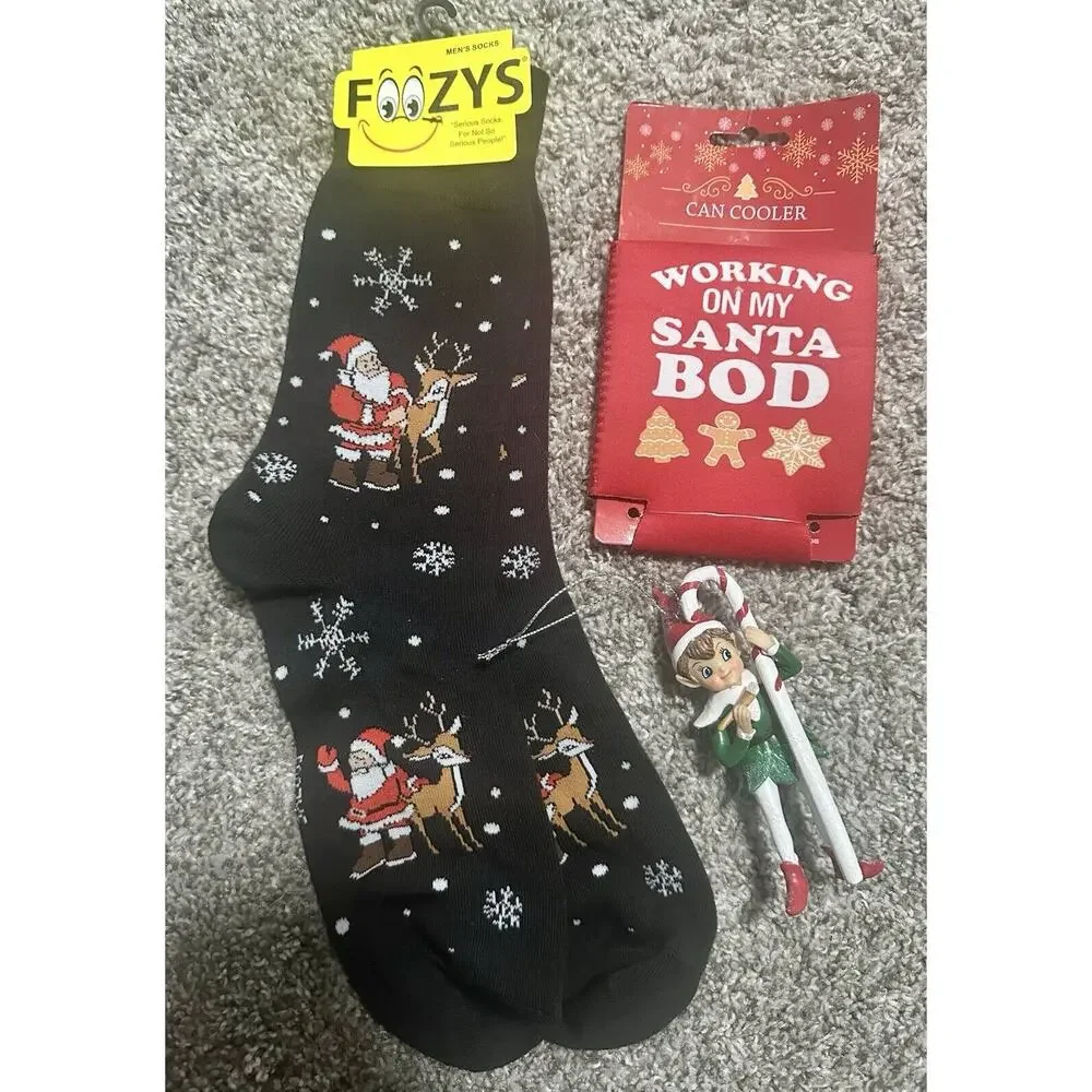 ☀️3/$10 BUNDLE!!☀️ Christmas Lot - Foozys Men’s Socks, Can Cooler, Elf Ornament